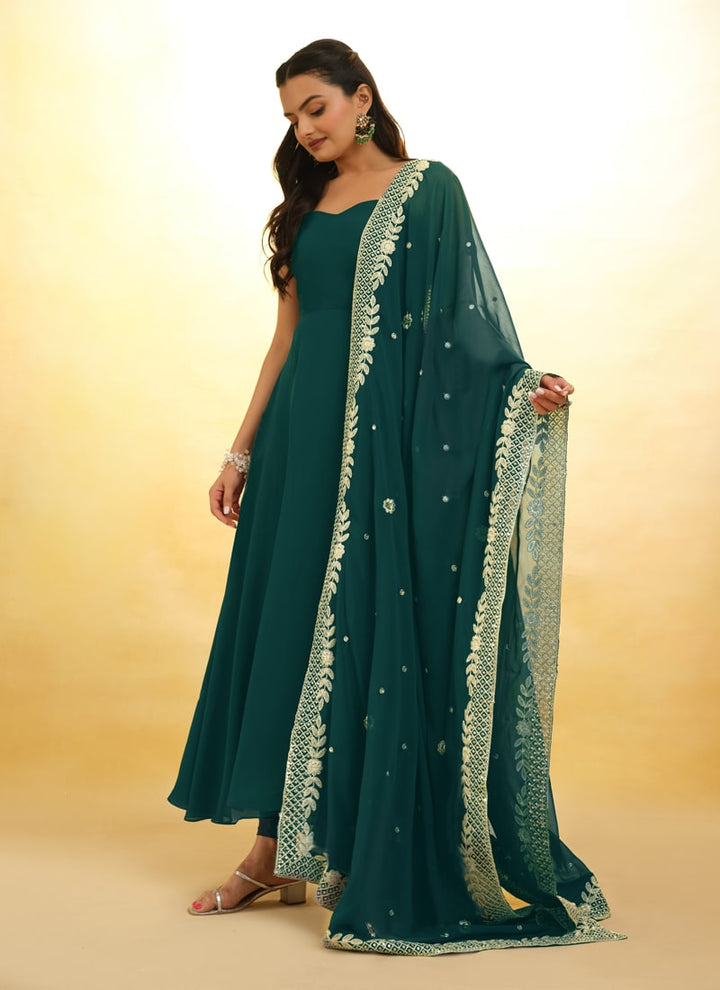 Lassya Fashion Pine Green Embroidered Anarkali Suit Exquisite Detailing Throughout