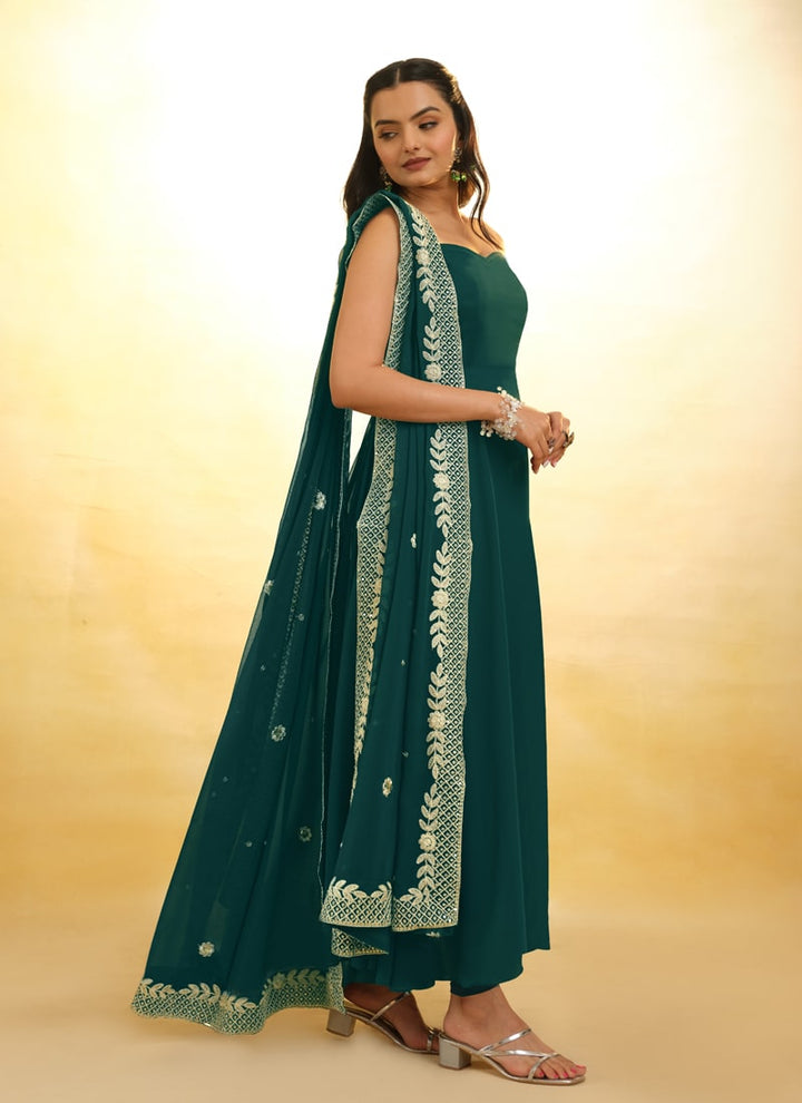 Lassya Fashion Pine Green Embroidered Anarkali Suit Exquisite Detailing Throughout