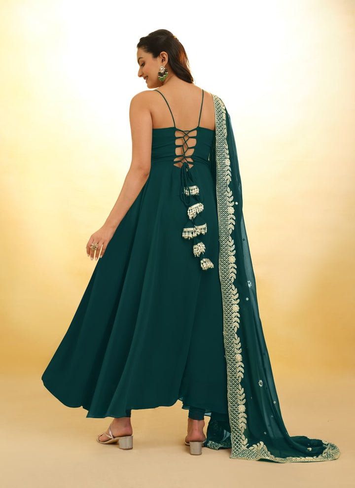 Lassya Fashion Pine Green Embroidered Anarkali Suit Exquisite Detailing Throughout