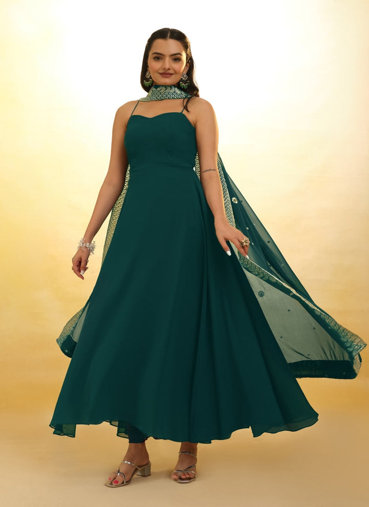 Lassya Fashion Pine Green Embroidered Anarkali Suit Exquisite Detailing Throughout