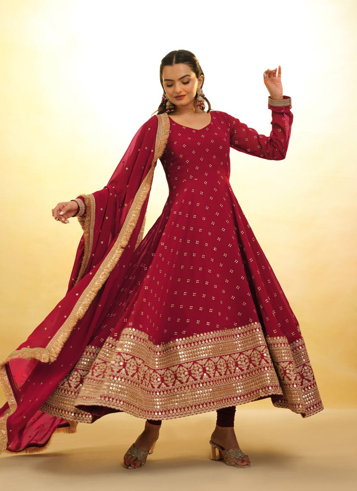 Lassya Fashion Cherry Red Embroidered Anarkali Suit Exquisite Detailing Throughout