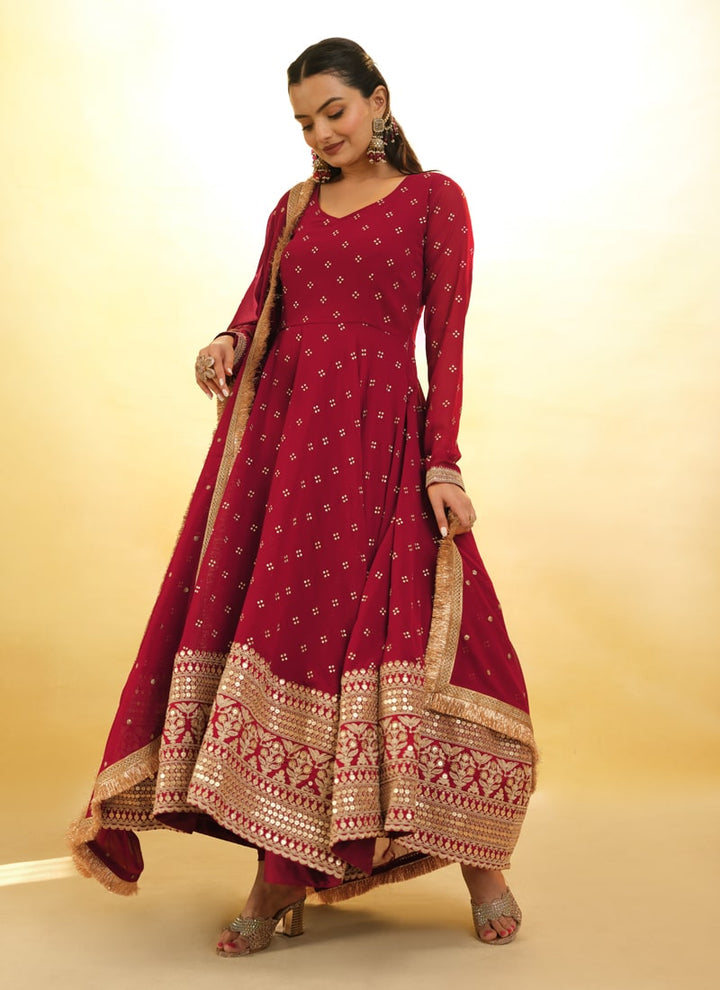 Lassya Fashion Cherry Red Embroidered Anarkali Suit Exquisite Detailing Throughout