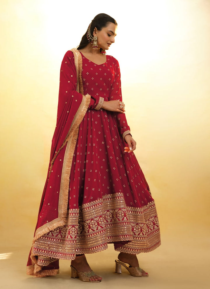 Lassya Fashion Cherry Red Embroidered Anarkali Suit Exquisite Detailing Throughout