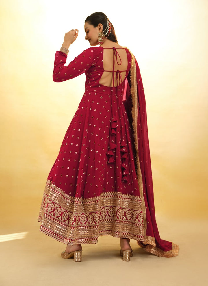 Lassya Fashion Cherry Red Embroidered Anarkali Suit Exquisite Detailing Throughout