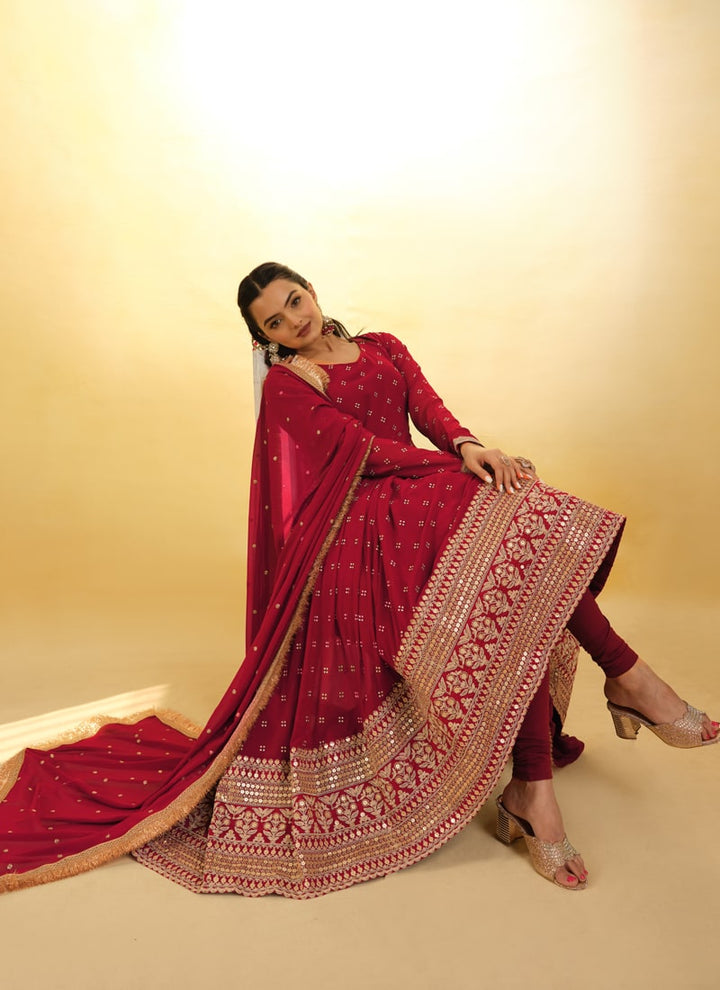 Lassya Fashion Cherry Red Embroidered Anarkali Suit Exquisite Detailing Throughout