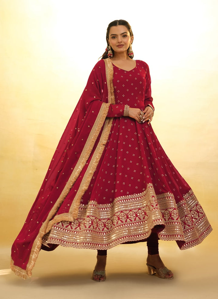 Lassya Fashion Cherry Red Embroidered Anarkali Suit Exquisite Detailing Throughout