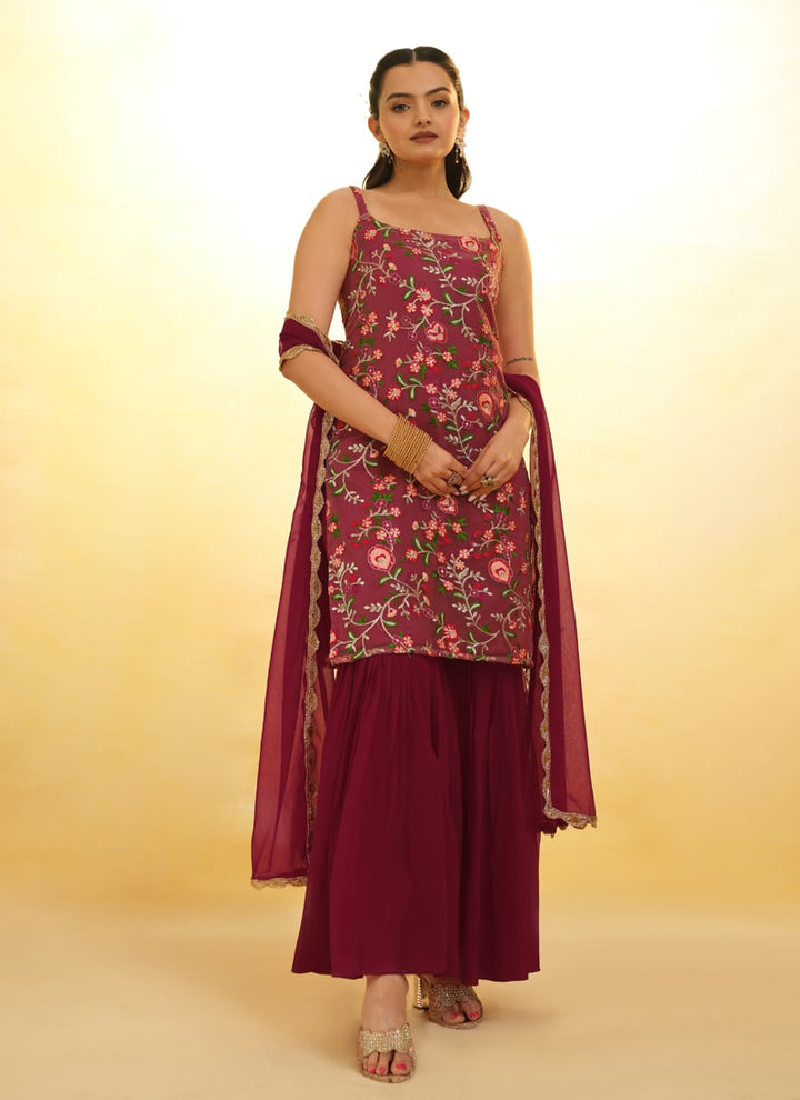 Lassya Fashion Burgundy Red Embroidered Anarkali Suit Exquisite Detailing Throughout