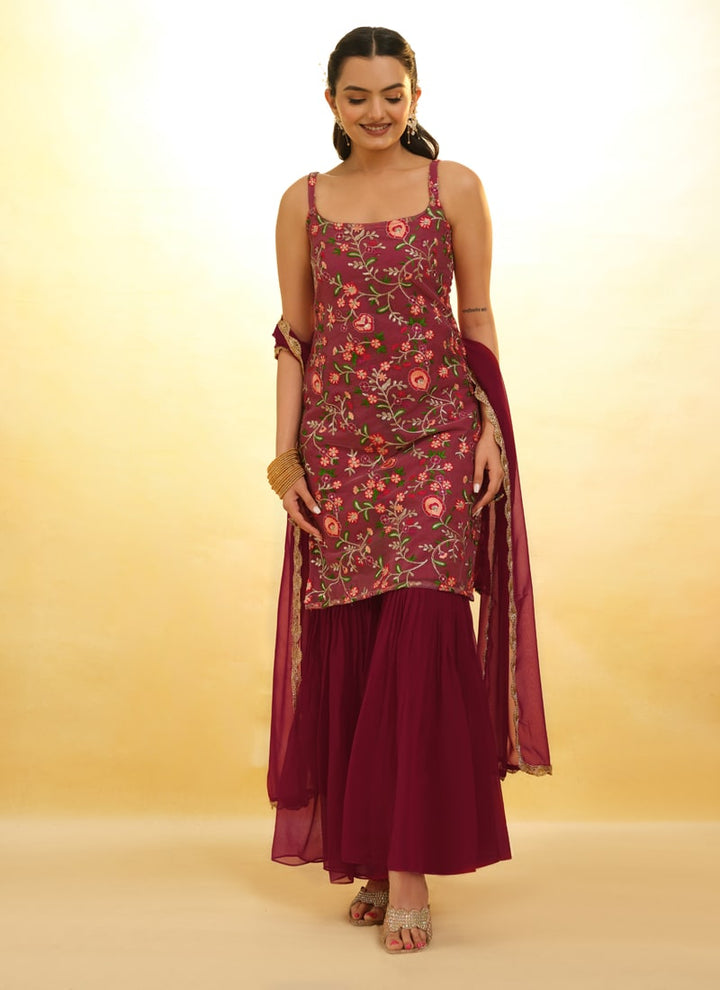 Lassya Fashion Burgundy Red Embroidered Anarkali Suit Exquisite Detailing Throughout