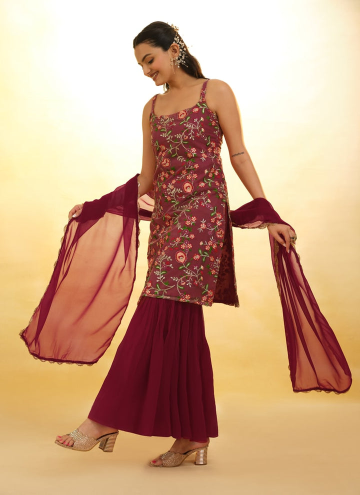 Lassya Fashion Burgundy Red Embroidered Anarkali Suit Exquisite Detailing Throughout