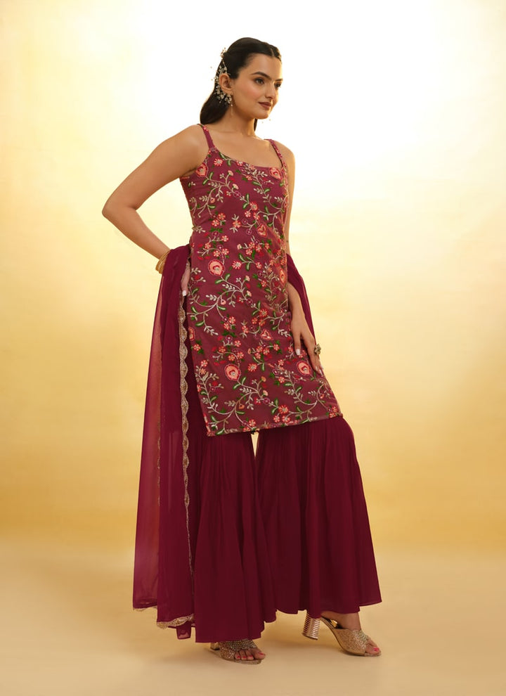 Lassya Fashion Burgundy Red Embroidered Anarkali Suit Exquisite Detailing Throughout