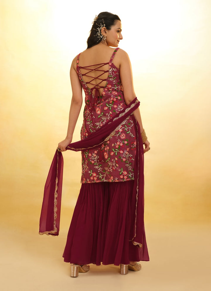 Lassya Fashion Burgundy Red Embroidered Anarkali Suit Exquisite Detailing Throughout