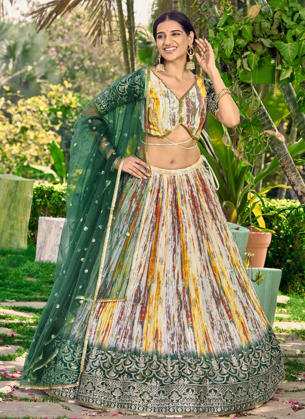 Lassya Fashion Bottle Green Festive Lehenga Digital Print Meets Zari & Sequin Elegance