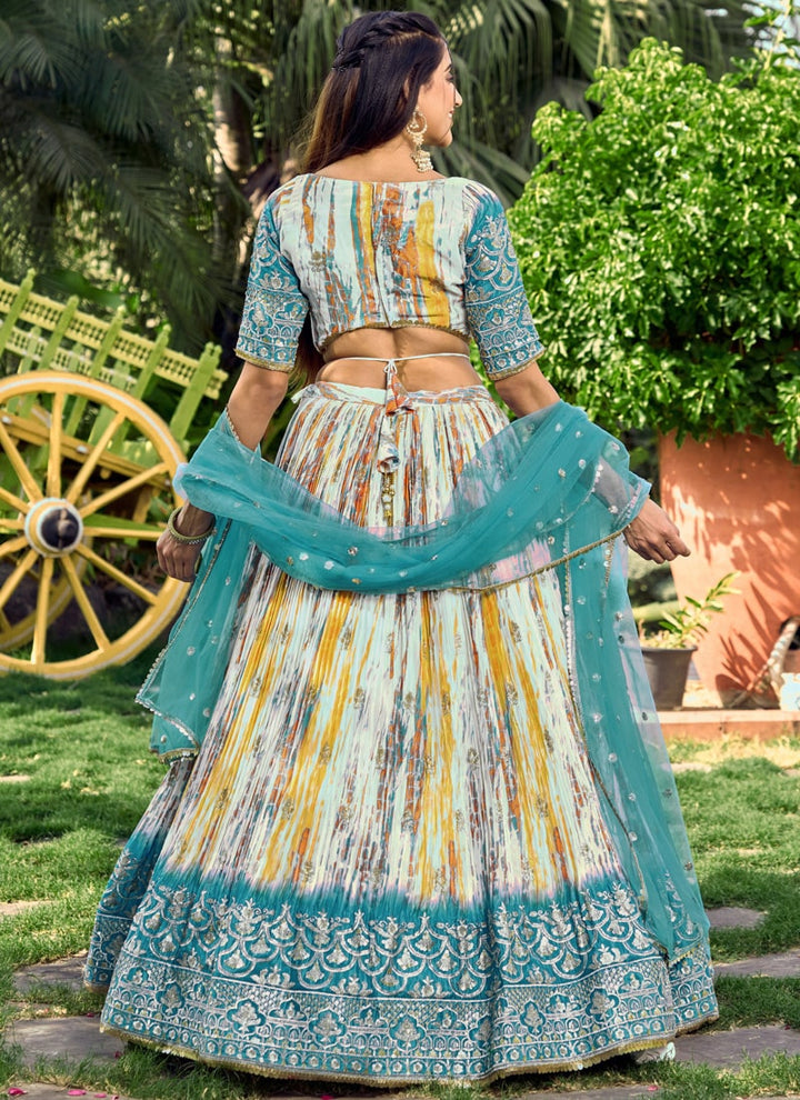 Lassya Fashion Teal Blue Festive Lehenga Digital Print Meets Zari & Sequin Elegance