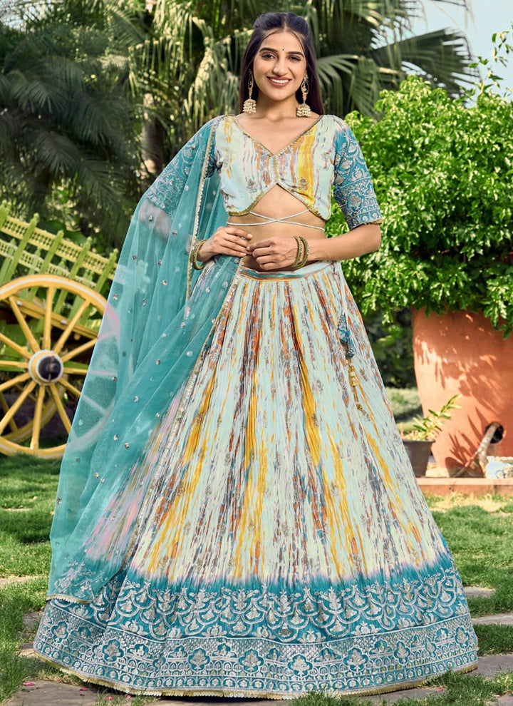 Lassya Fashion Teal Blue Festive Lehenga Digital Print Meets Zari & Sequin Elegance