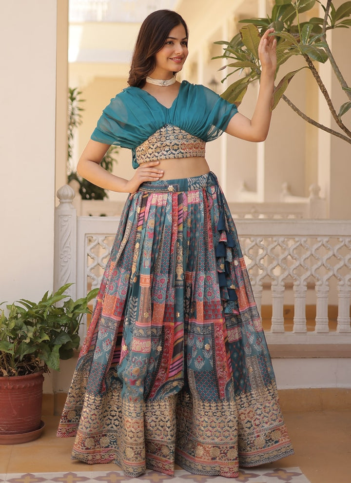 Lassya Fashion Rama Blue Captivating Engagement Lehenga Digital Print and Foil Embroidery