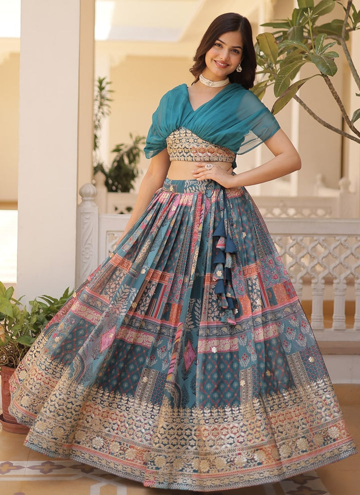 Lassya Fashion Rama Blue Captivating Engagement Lehenga Digital Print and Foil Embroidery