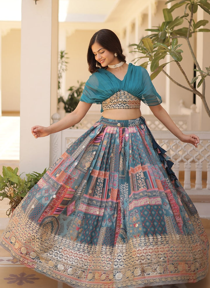 Lassya Fashion Rama Blue Captivating Engagement Lehenga Digital Print and Foil Embroidery