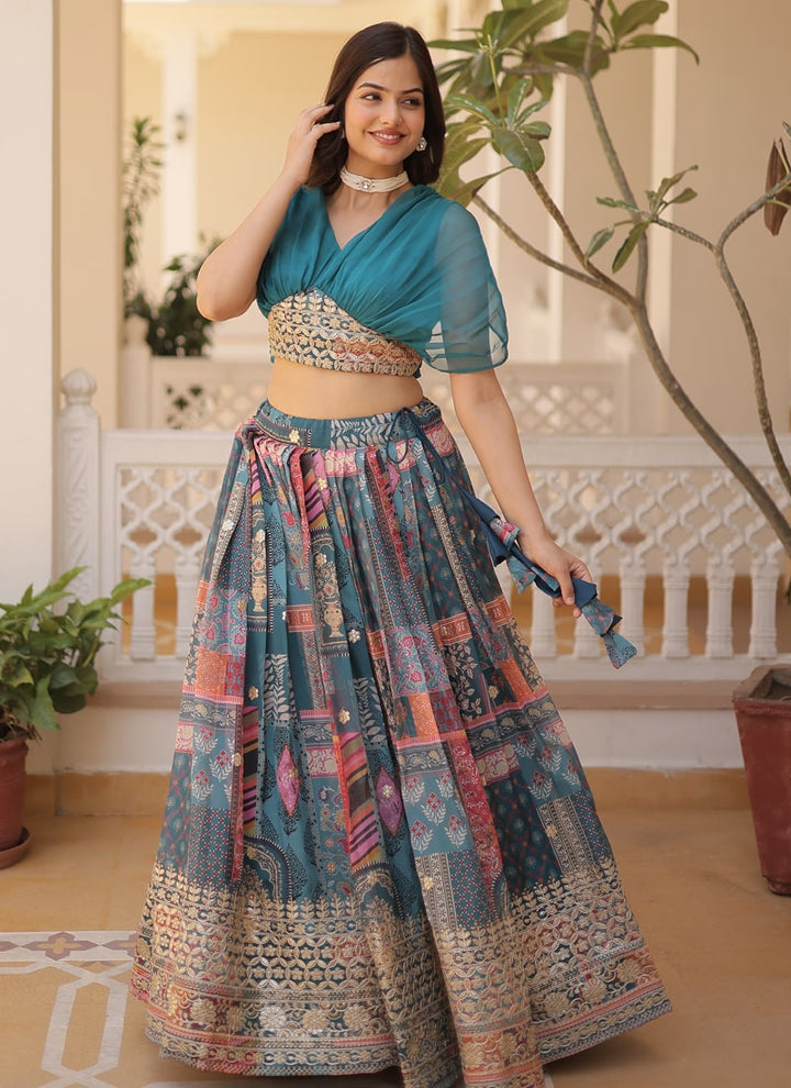 Lassya Fashion Rama Blue Captivating Engagement Lehenga Digital Print and Foil Embroidery