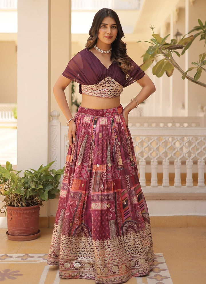 Lassya Fashion Wine Captivating Engagement Lehenga Digital Print and Foil Embroidery