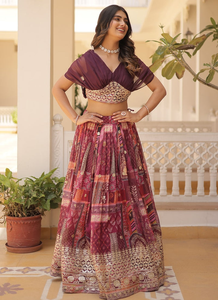 Lassya Fashion Wine Captivating Engagement Lehenga Digital Print and Foil Embroidery