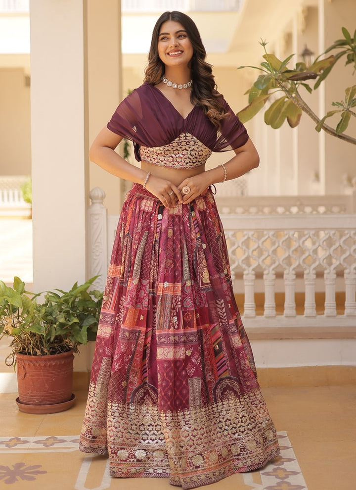 Lassya Fashion Wine Captivating Engagement Lehenga Digital Print and Foil Embroidery