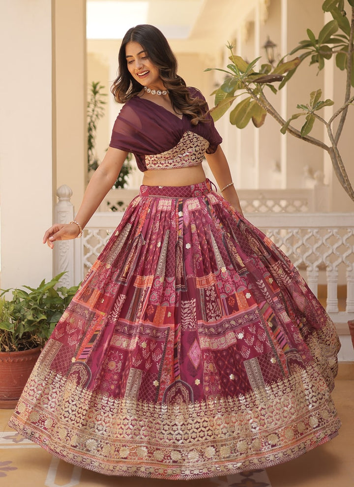 Lassya Fashion Wine Captivating Engagement Lehenga Digital Print and Foil Embroidery