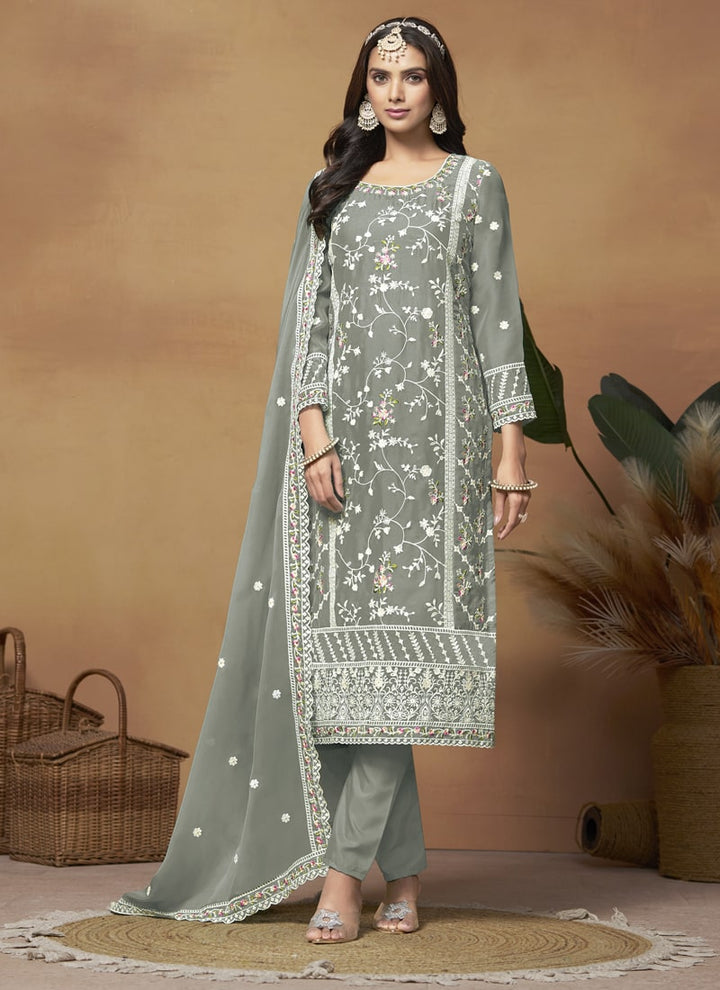 Lassya Fashion Grey Breezy Elegance Soft Organza Straight Salwar Suit