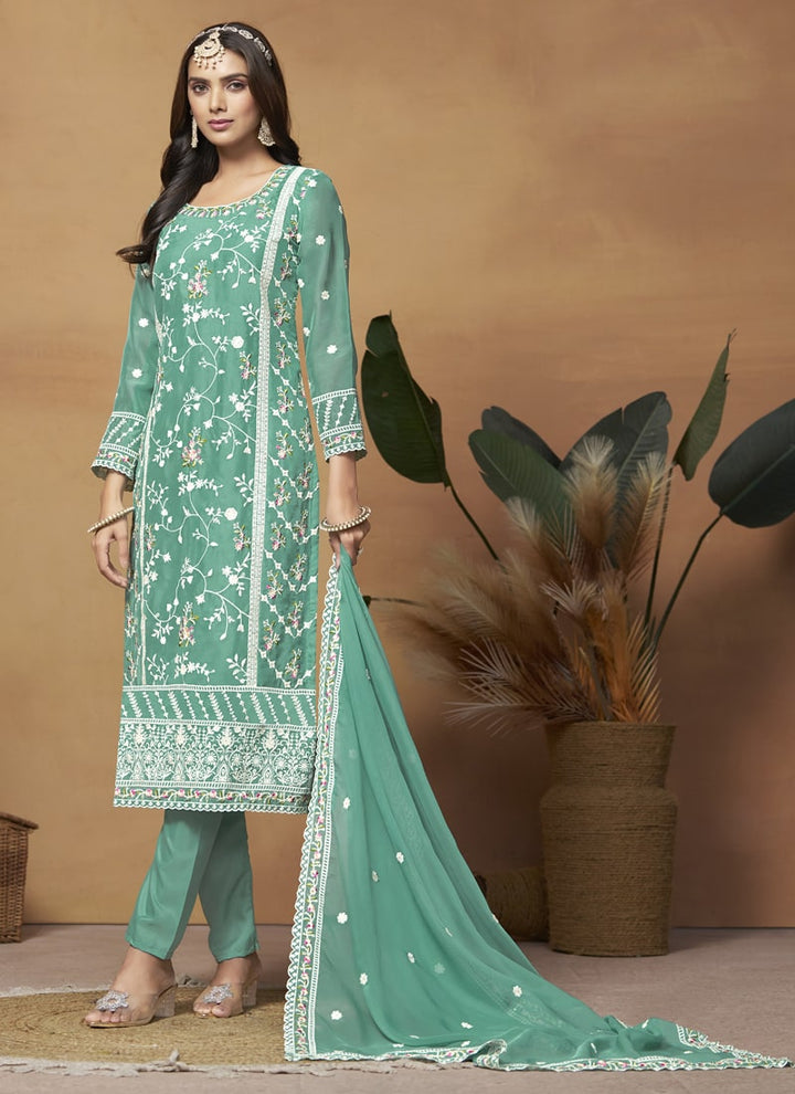 Lassya Fashion Sea Green Breezy Elegance Soft Organza Straight Salwar Suit