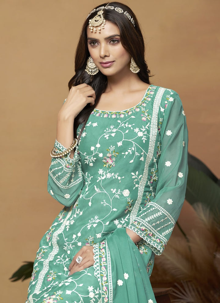 Lassya Fashion Sea Green Breezy Elegance Soft Organza Straight Salwar Suit