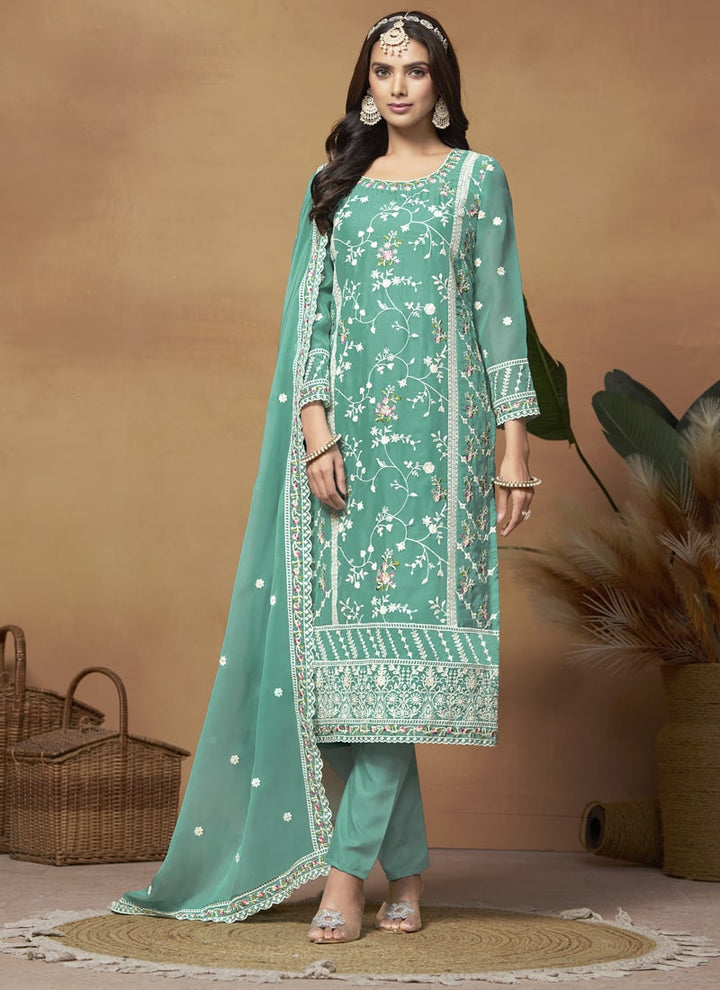 Lassya Fashion Sea Green Breezy Elegance Soft Organza Straight Salwar Suit