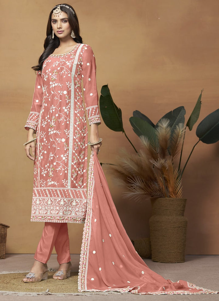 Lassya Fashion Salmon Pink Breezy Elegance Soft Organza Straight Salwar Suit