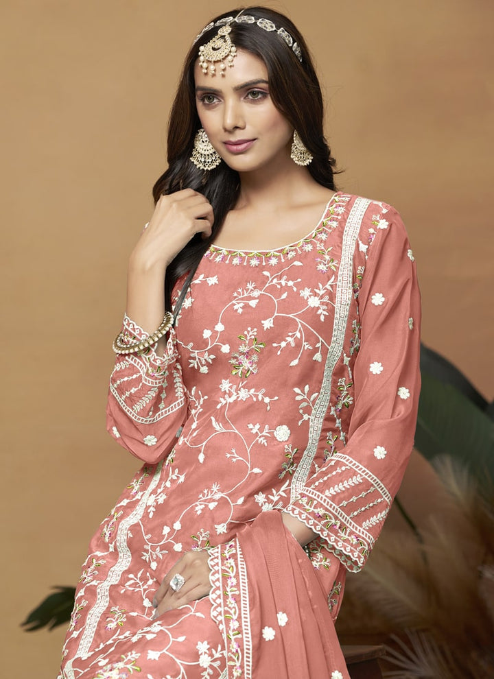 Lassya Fashion Salmon Pink Breezy Elegance Soft Organza Straight Salwar Suit