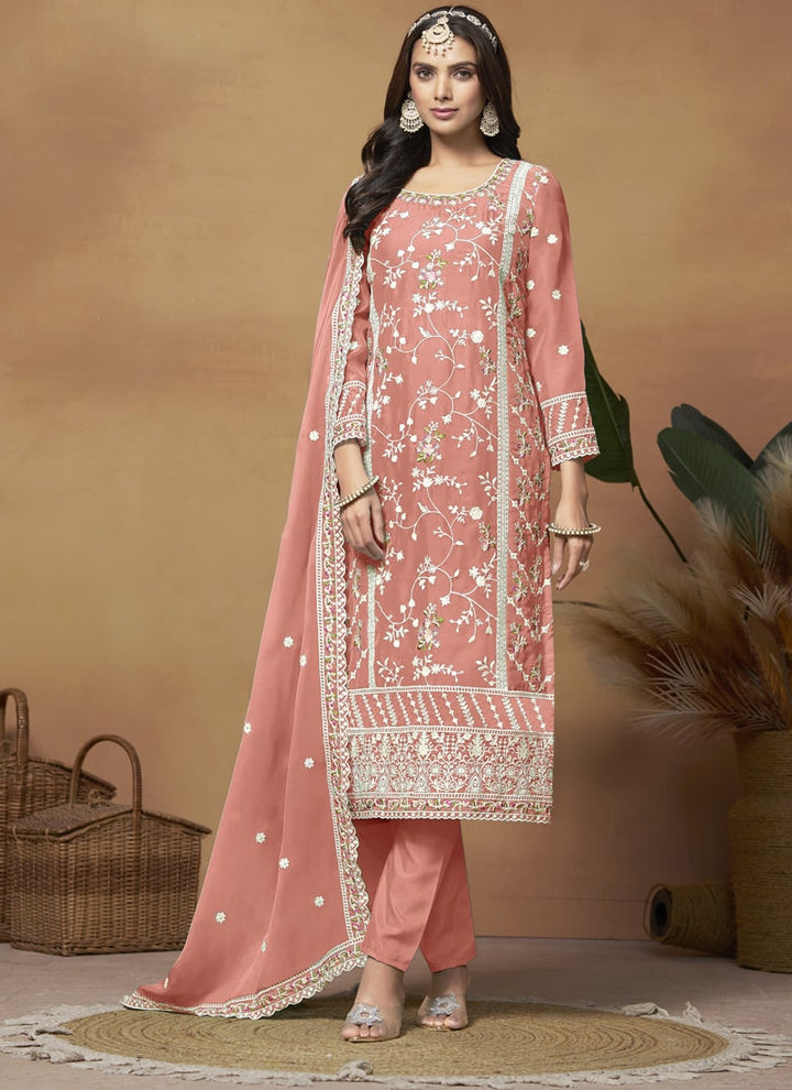 Lassya Fashion Salmon Pink Breezy Elegance Soft Organza Straight Salwar Suit