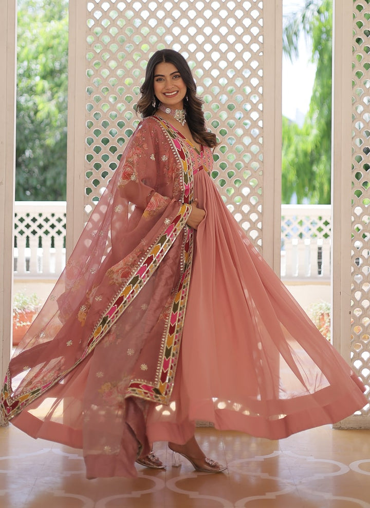 Lassya Fashion Peach Pink Exquisite Anarkali Suit Modern Elegance