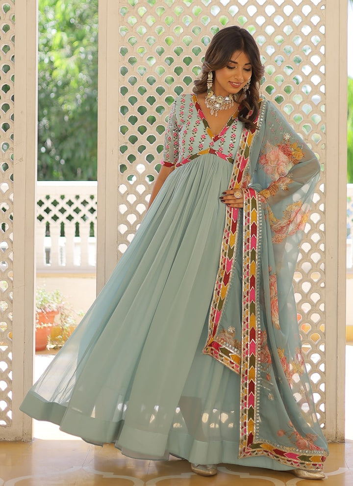 Lassya Fashion Sky Blue Exquisite Anarkali Suit Modern Elegance