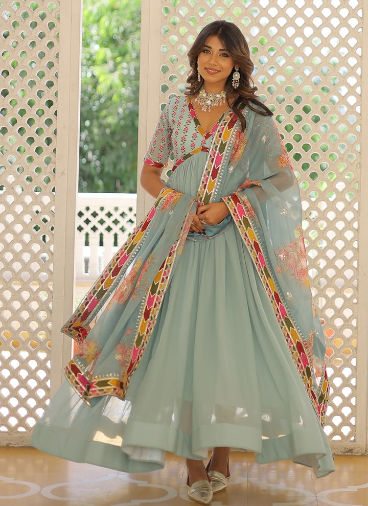 Lassya Fashion Sky Blue Exquisite Anarkali Suit Modern Elegance