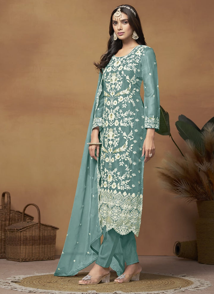 Lassya Fashion Sea Green Soft Organza Straight Salwar Suit-Comfort Meets Eleganc