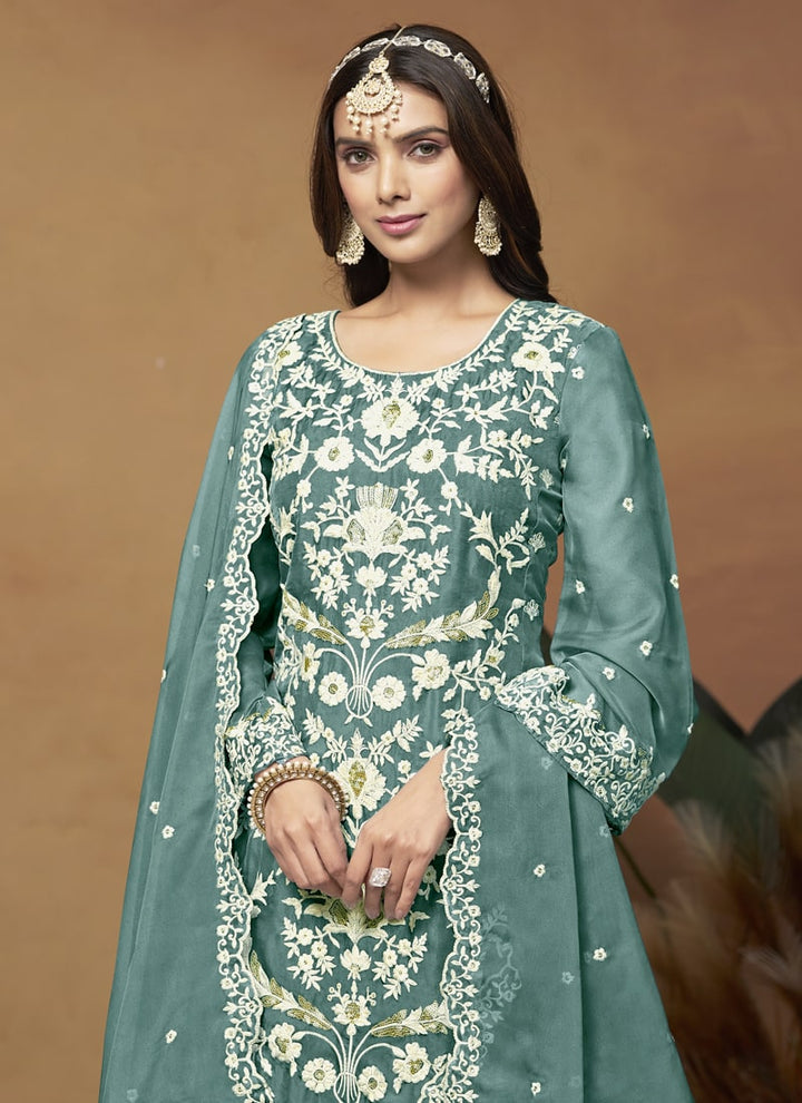 Lassya Fashion Sea Green Soft Organza Straight Salwar Suit-Comfort Meets Eleganc