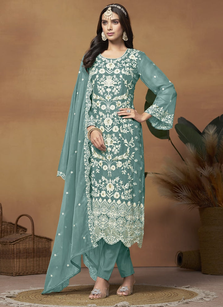 Lassya Fashion Sea Green Soft Organza Straight Salwar Suit-Comfort Meets Eleganc