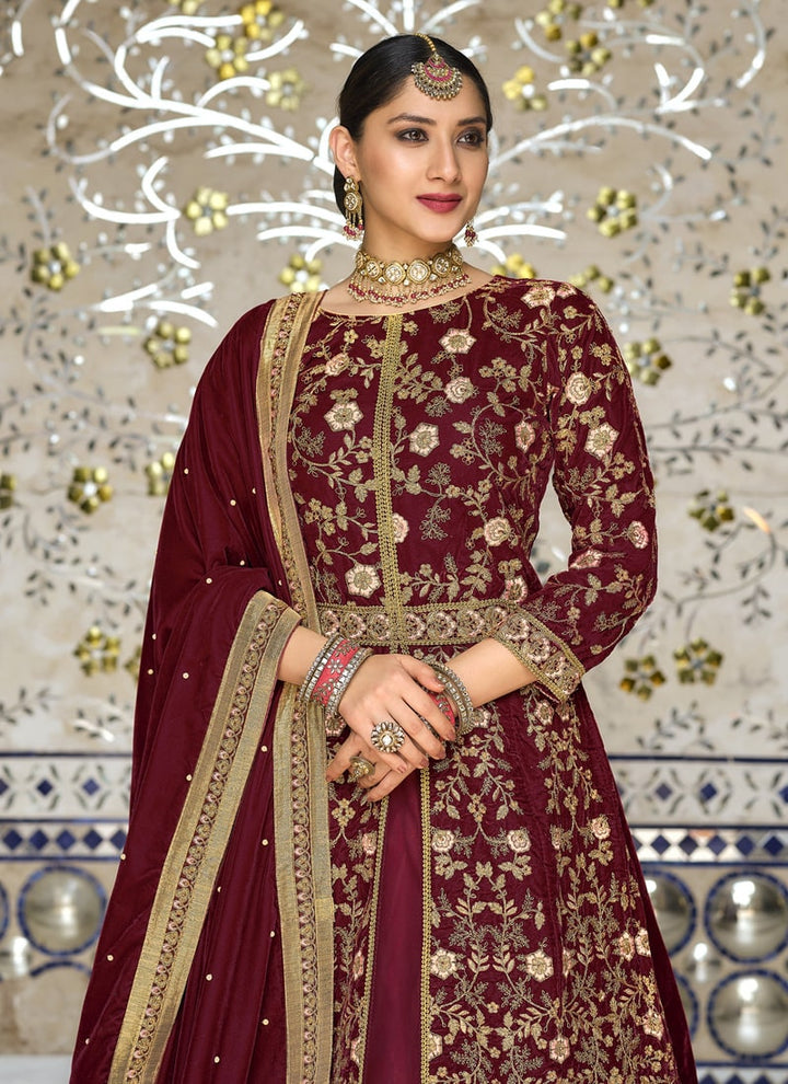 Lassya Fashion Dark Maroon Velvet Anarkali Suit Embroidered Elegance