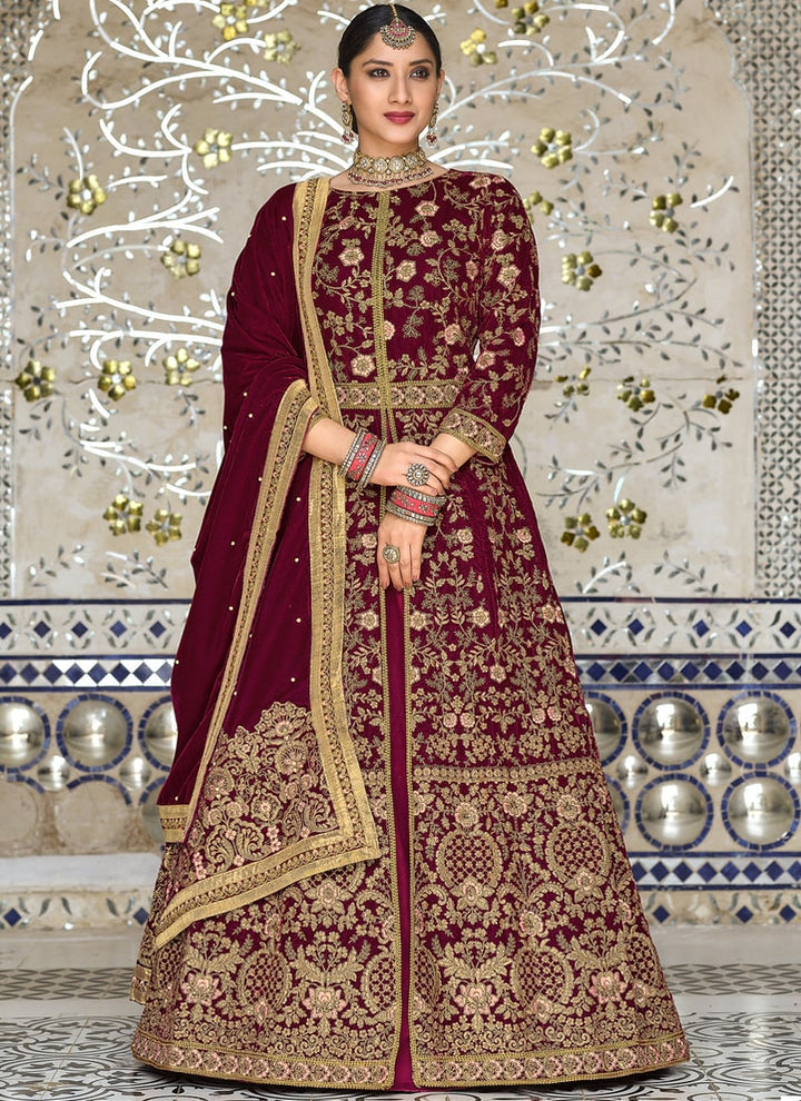 Lassya Fashion Dark Maroon Velvet Anarkali Suit Embroidered Elegance