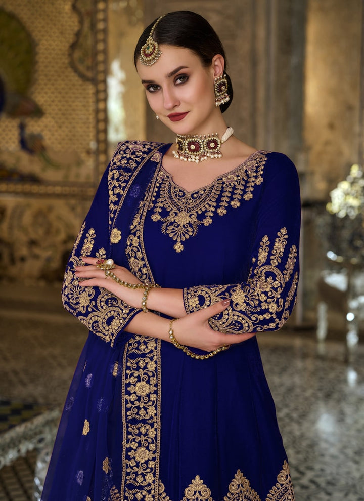 Lassya Fashion Violet Blue Velvet Anarkali Suit Embroidered Elegance