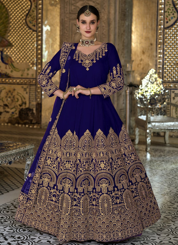 Lassya Fashion Violet Blue Velvet Anarkali Suit Embroidered Elegance