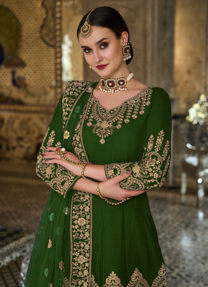 Lassya Fashion Olive Green Velvet Anarkali Suit Embroidered Elegance