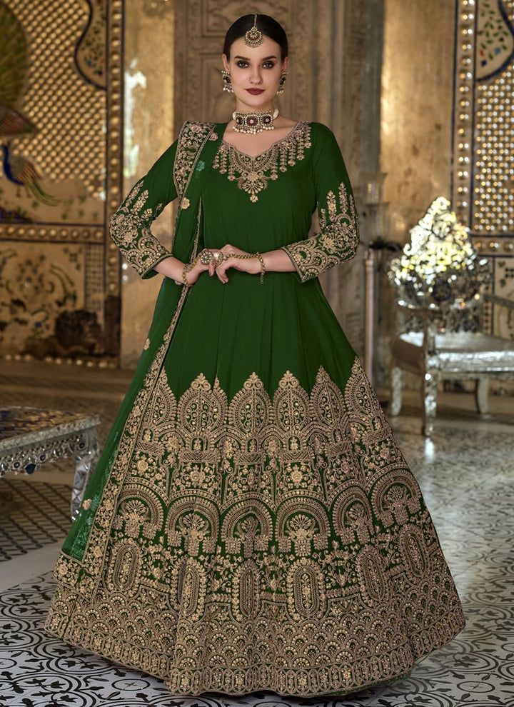 Lassya Fashion Olive Green Velvet Anarkali Suit Embroidered Elegance