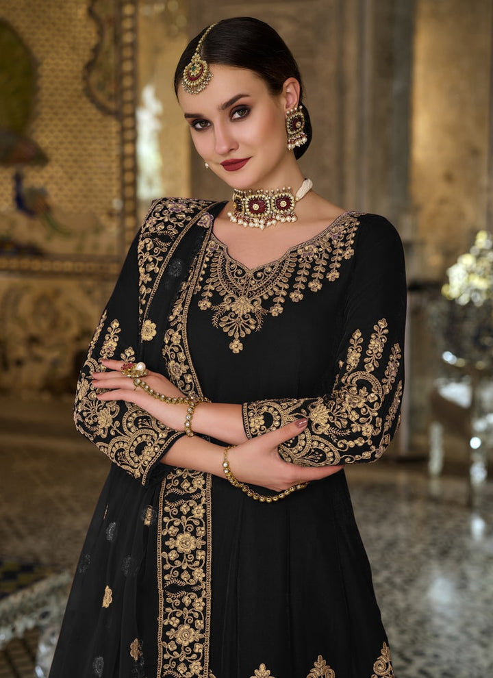 Lassya Fashion Midnight Black Velvet Anarkali Suit Embroidered Elegance