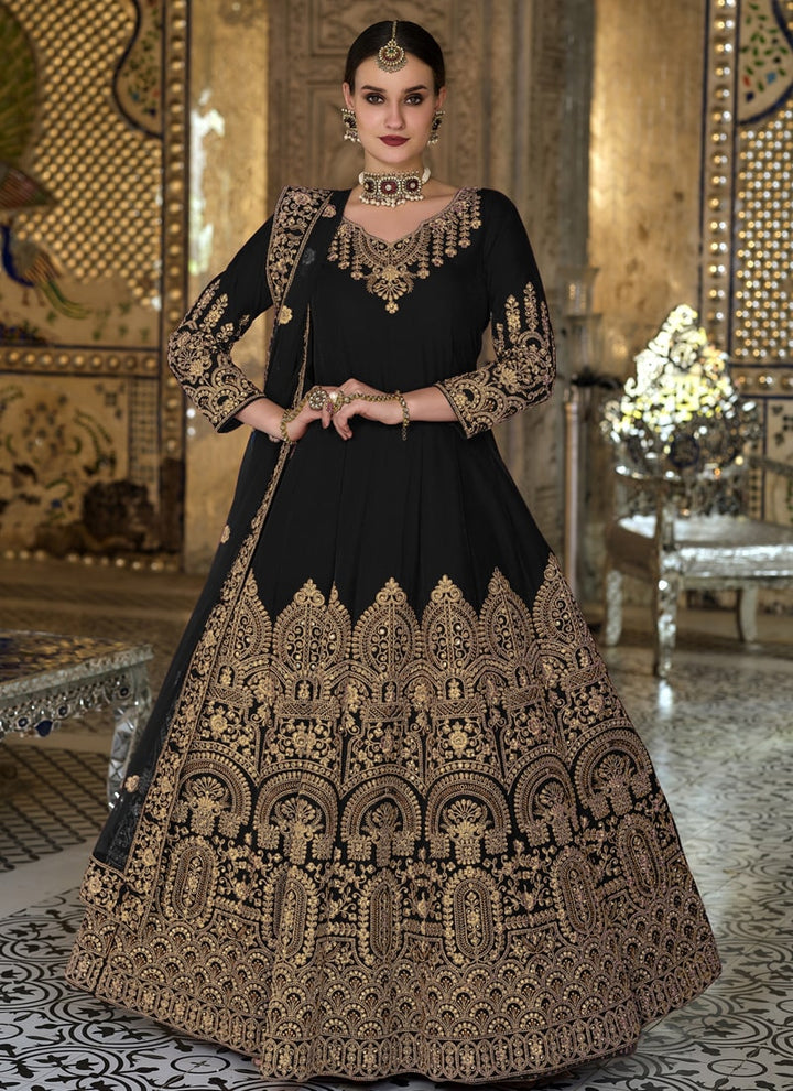 Lassya Fashion Midnight Black Velvet Anarkali Suit Embroidered Elegance