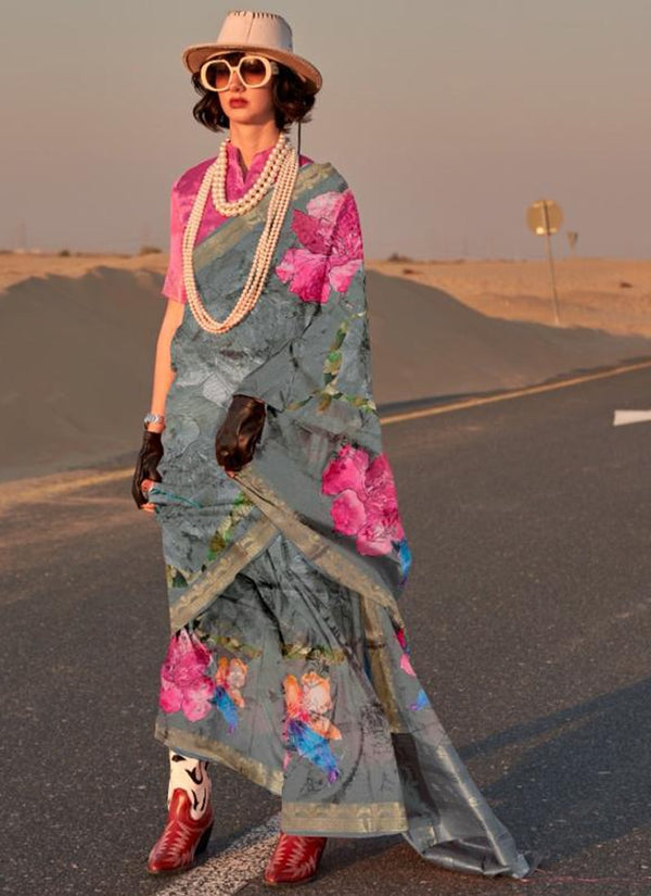 Lassya Fashion Grey Tussar Silk Saree-A Touch of Natural Luxury