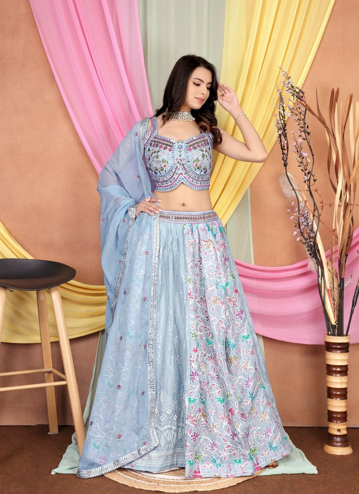 Lassya Fashion Lilac Blue Embroidered Chinnon Lehenga with Silk Blouse