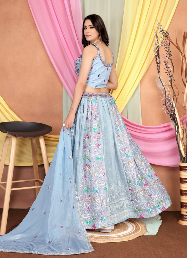 Lassya Fashion Lilac Blue Embroidered Chinnon Lehenga with Silk Blouse